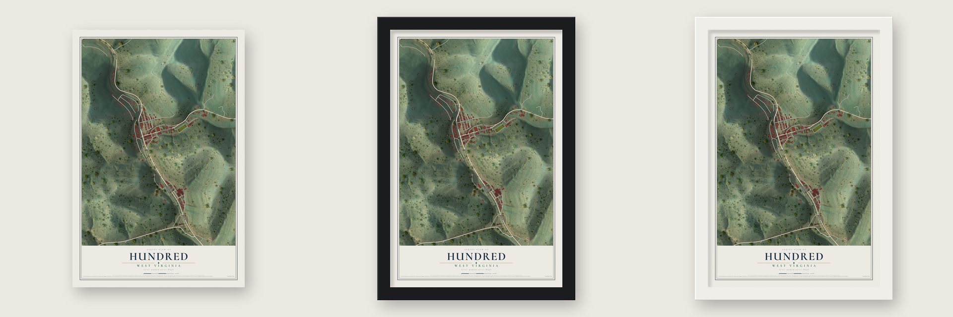 Hundred, West Virginia map unframed, in a black wood frame and in a white wood frame