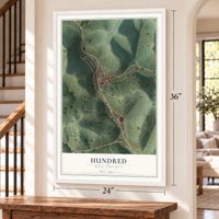 Hundred, West Virginia map, 24 x 36 inch print in a white frame by a staircase