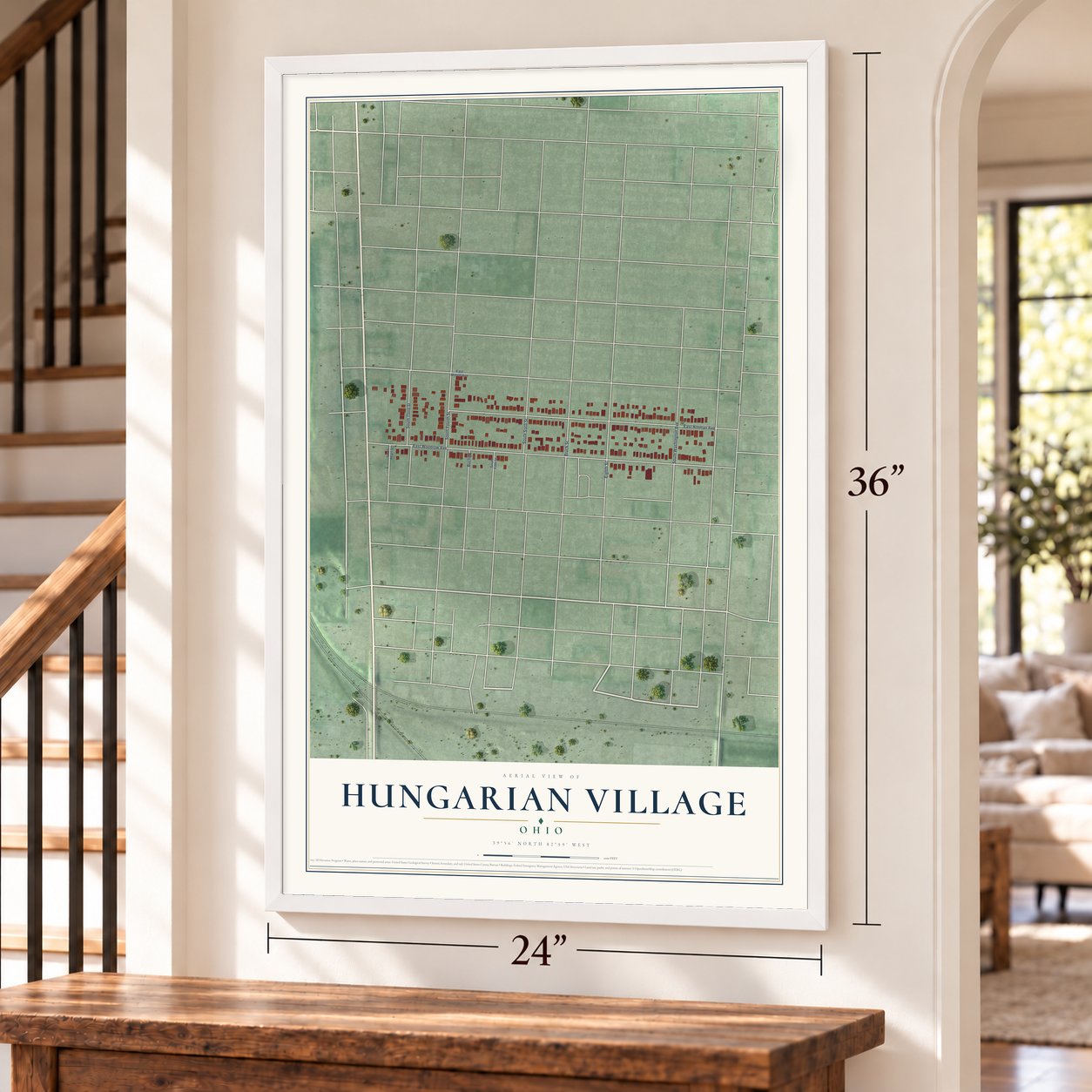 Hungarian Village, Ohio map, 24 x 36 inch print in a white frame by a staircase