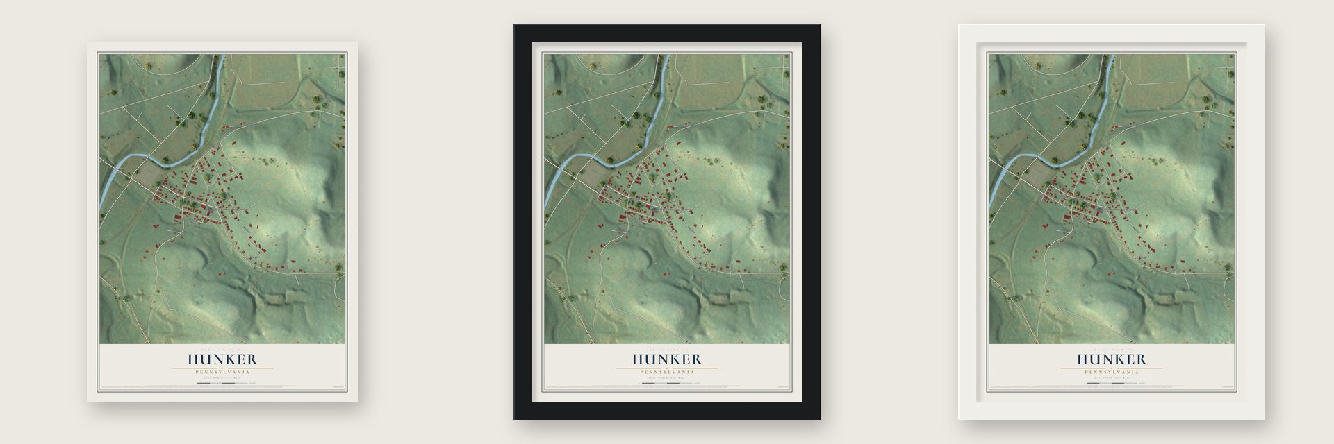 Hunker, Pennsylvania map unframed, in a black wood frame and in a white wood frame