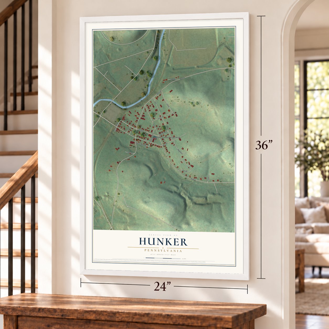 Hunker, Pennsylvania map, 24 x 36 inch print in a white frame by a staircase