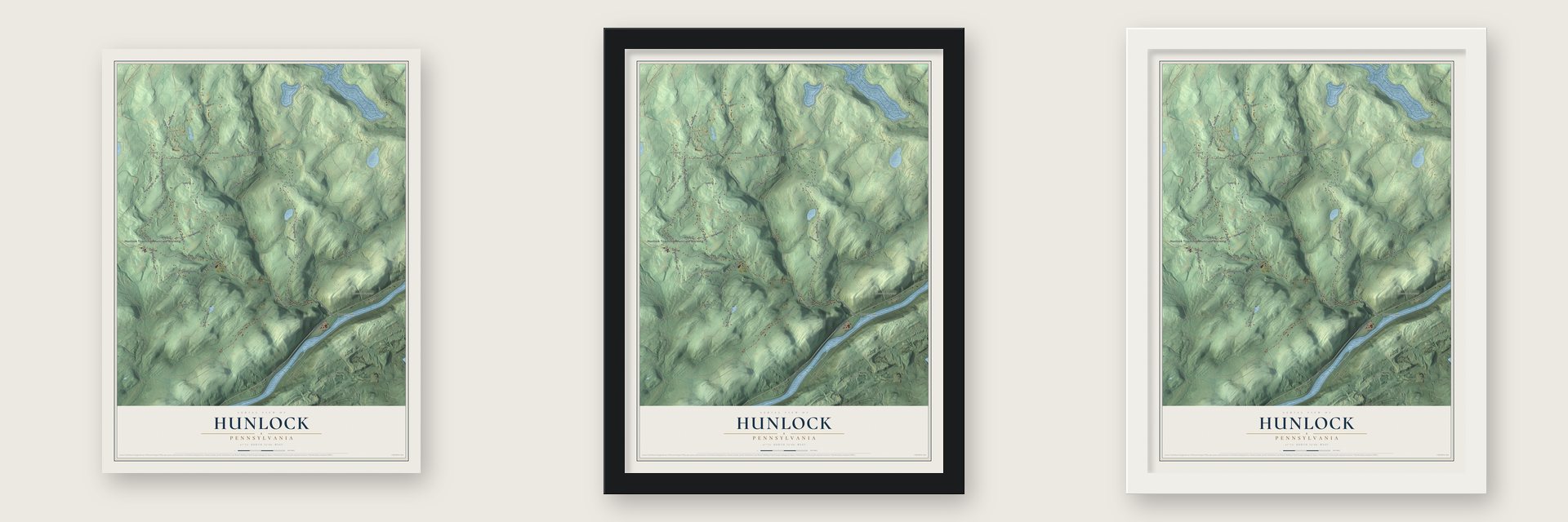 Hunlock, Pennsylvania map unframed, in a black wood frame and in a white wood frame