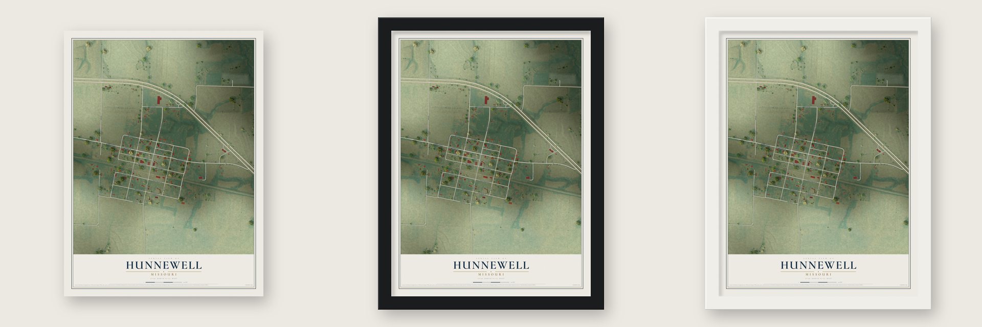 Hunnewell, Missouri map unframed, in a black wood frame and in a white wood frame