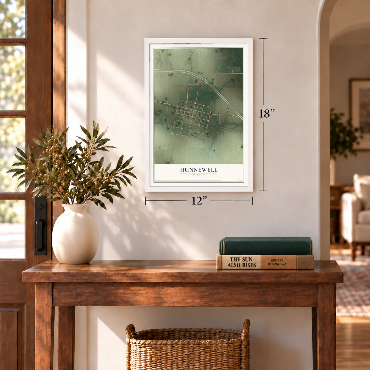 Hunnewell, Missouri map, 12 x 18 inch print in a white frame in an entryway