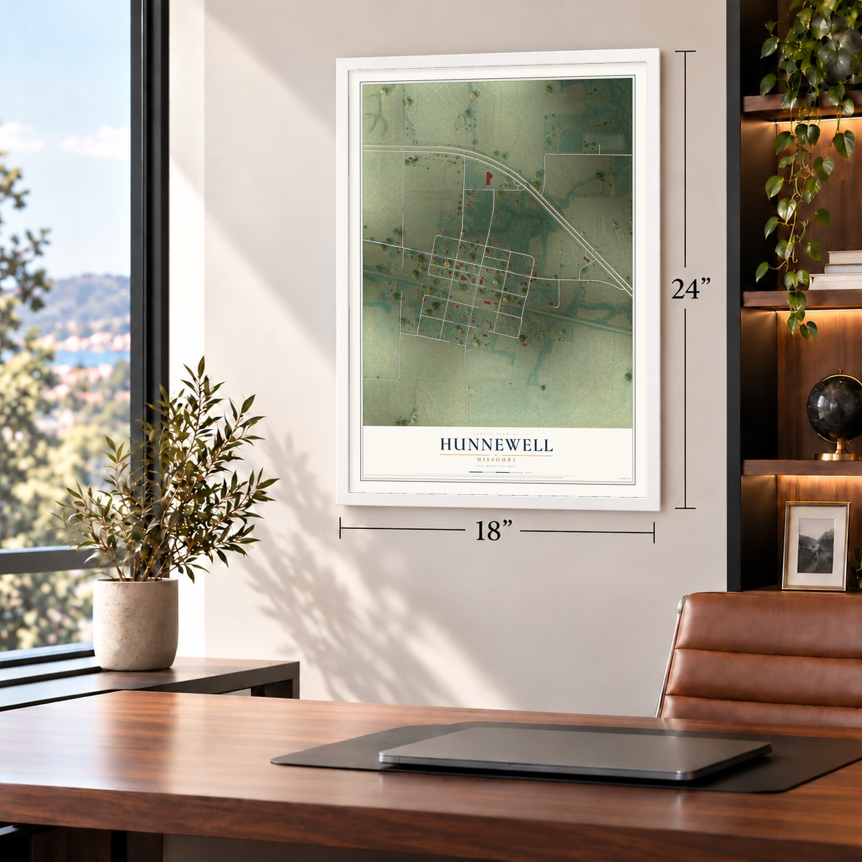 Hunnewell, Missouri map, 18 x 24 inch print in a white frame in a home office