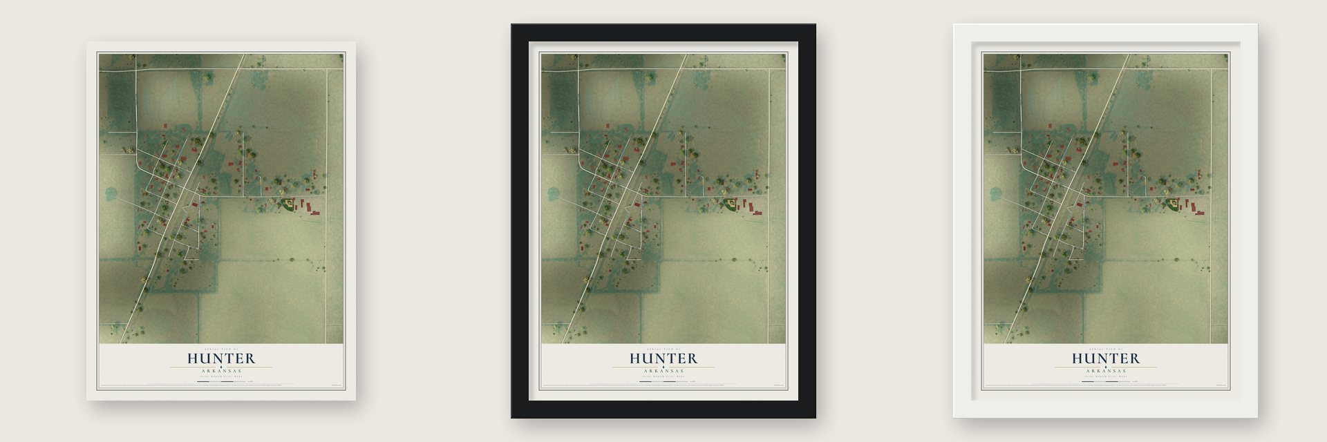 Hunter, Arkansas map unframed, in a black wood frame and in a white wood frame
