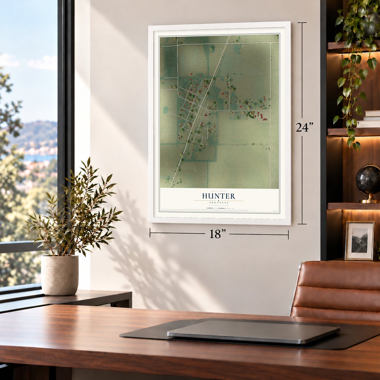 Hunter, Arkansas map, 18 x 24 inch print in a white frame in a home office