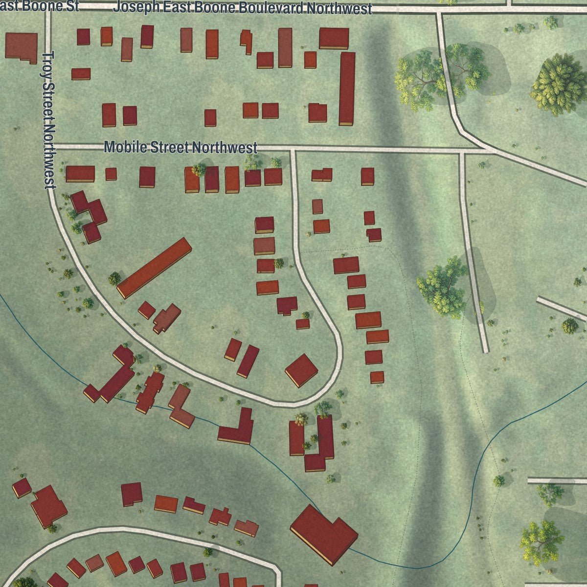 Second close-up of the map of Hunter Hills, Georgia print showing more streets and buildings