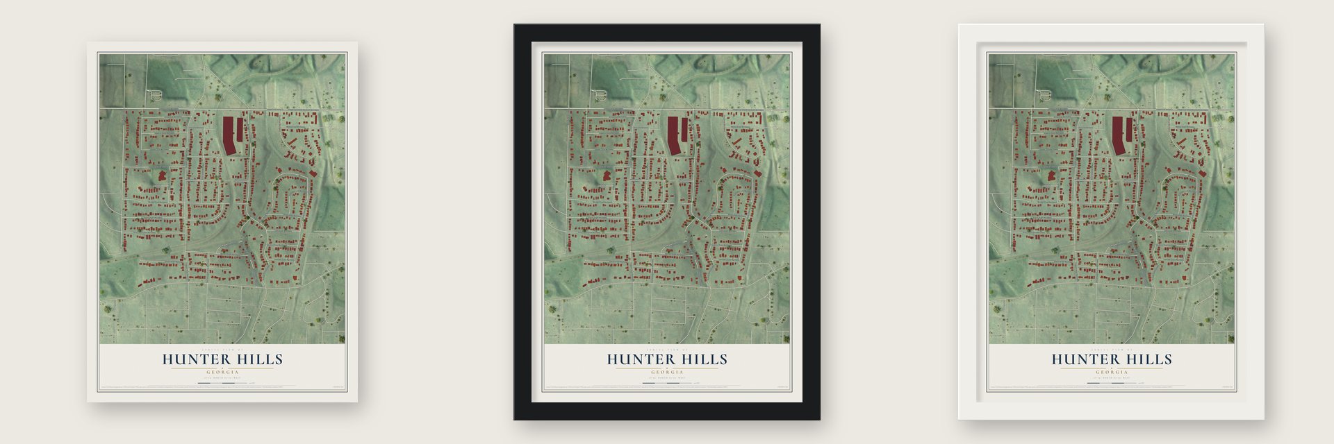 Hunter Hills, Georgia map unframed, in a black wood frame and in a white wood frame