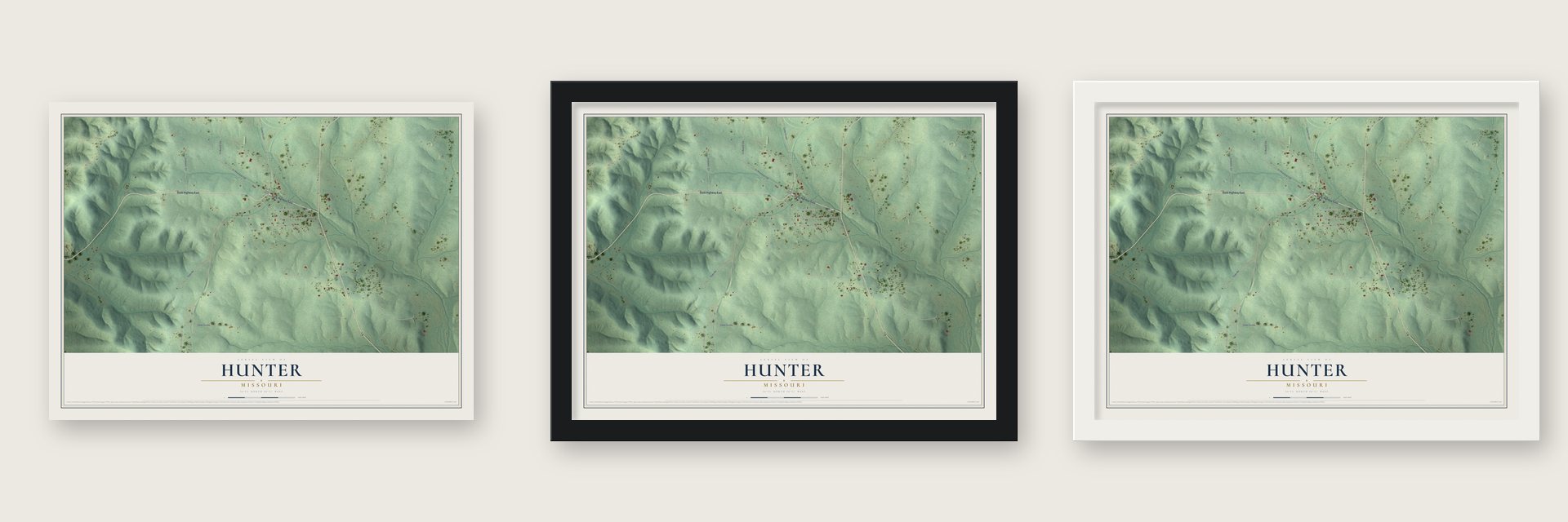 Hunter, Missouri map unframed, in a black wood frame and in a white wood frame