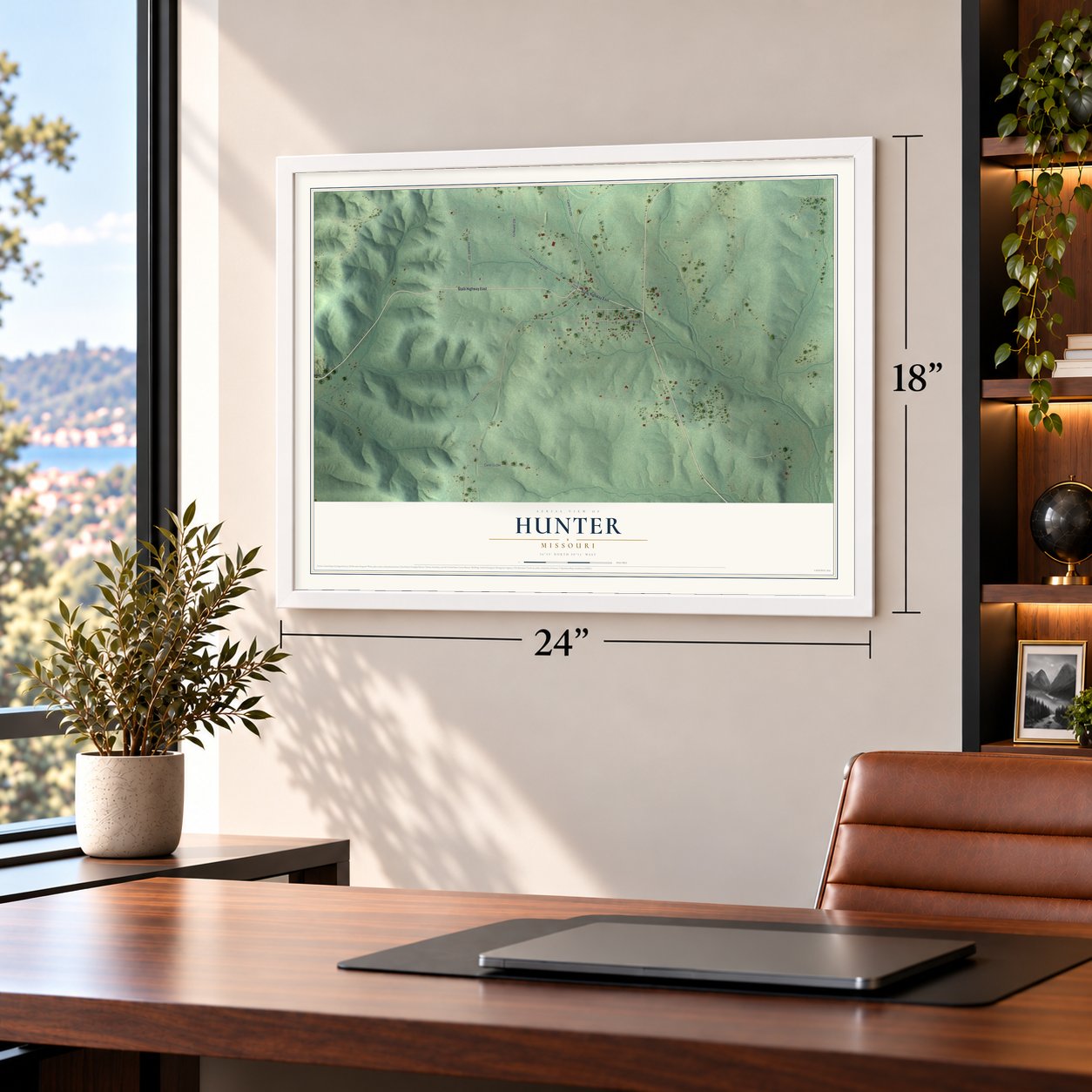 Hunter, Missouri map, 18 x 24 inch print in a white frame in a home office