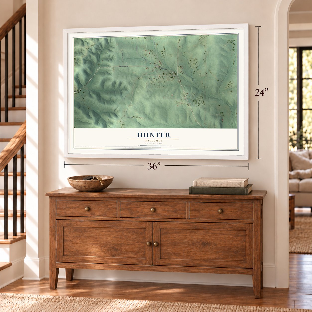 Hunter, Missouri map, 24 x 36 inch print in a white frame above a dresser by a staircase
