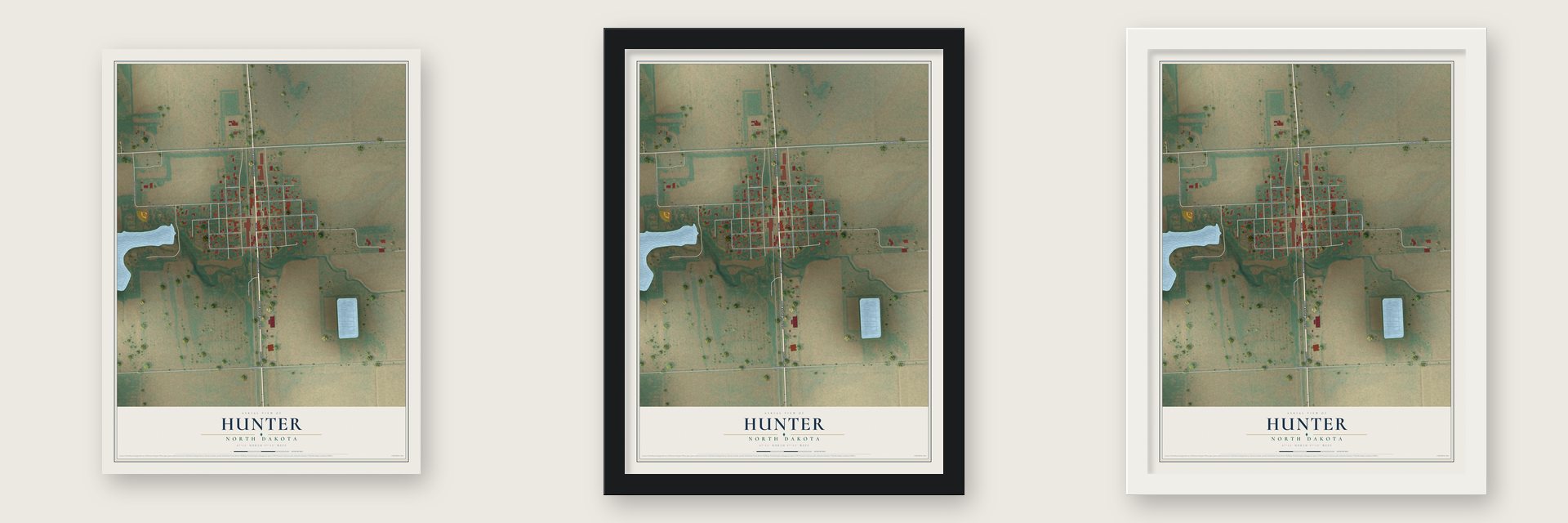 Hunter, North Dakota map unframed, in a black wood frame and in a white wood frame