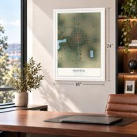 Hunter, North Dakota map, 18 x 24 inch print in a white frame in a home office