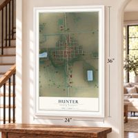 Hunter, North Dakota map, 24 x 36 inch print in a white frame by a staircase