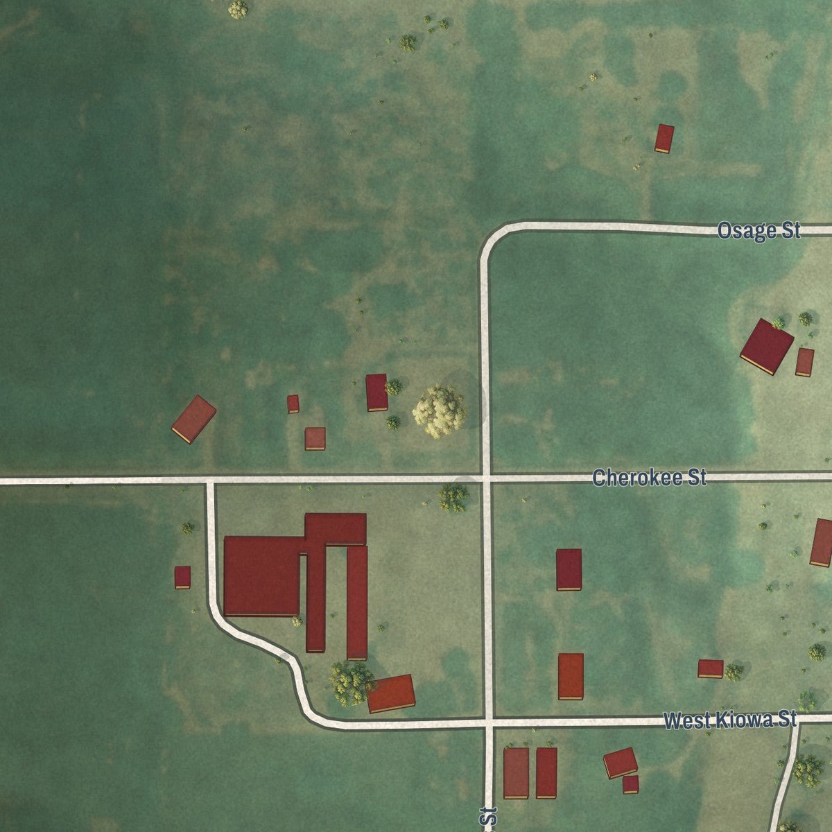 Second close-up of the map of Hunter, Oklahoma print showing more streets and buildings
