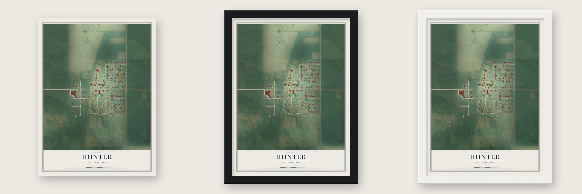 Hunter, Oklahoma map unframed, in a black wood frame and in a white wood frame