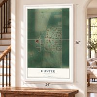 Hunter, Oklahoma map, 24 x 36 inch print in a white frame by a staircase