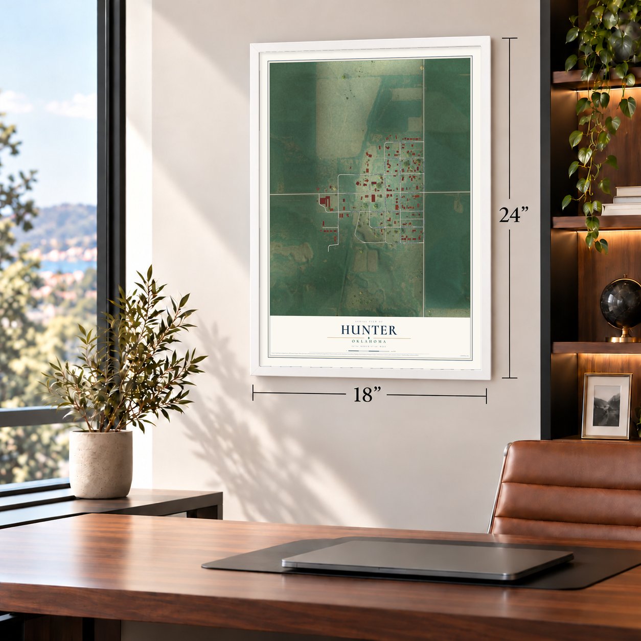 Hunter, Oklahoma map, 18 x 24 inch print in a white frame in a home office