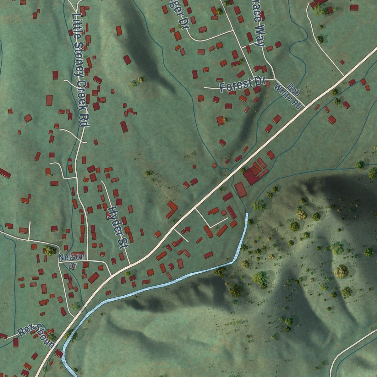 Second close-up of the map of Hunter, Tennessee print showing more streets and buildings