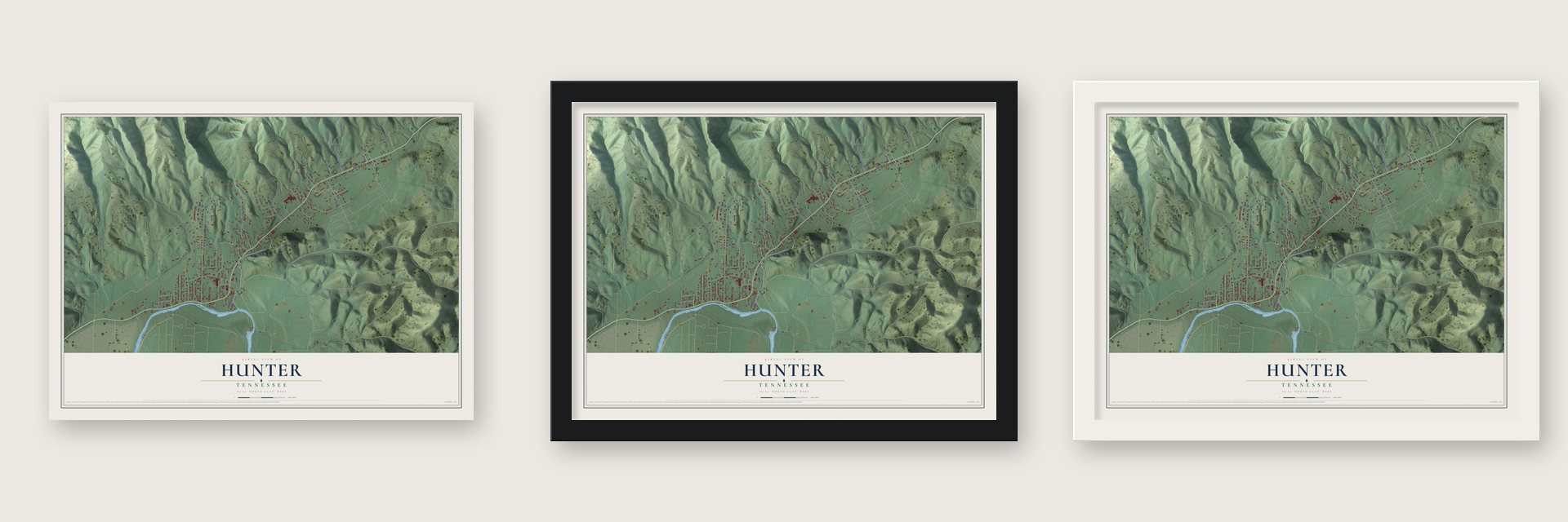 Hunter, Tennessee map unframed, in a black wood frame and in a white wood frame