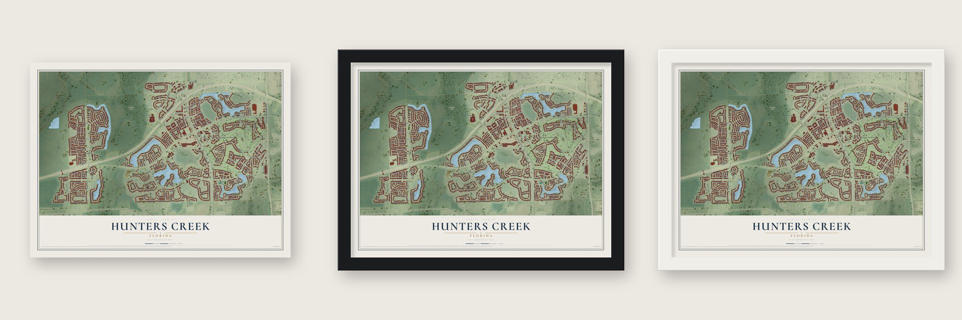 Hunters Creek, Florida map unframed, in a black wood frame and in a white wood frame