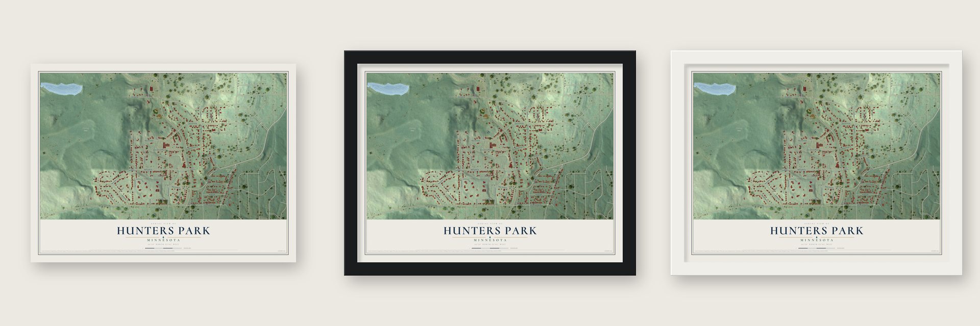 Hunters Park, Minnesota map unframed, in a black wood frame and in a white wood frame