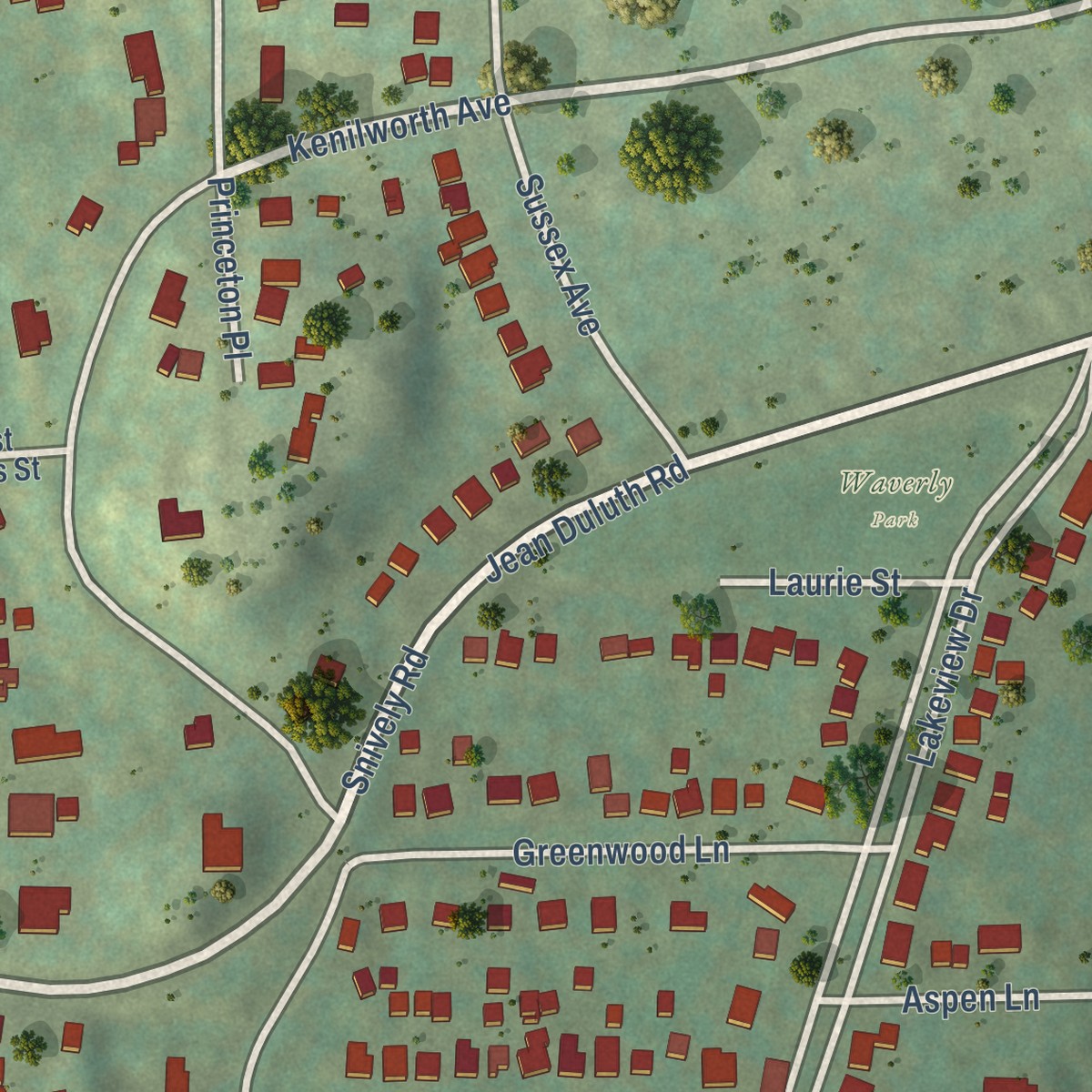 Second close-up of the map of Hunters Park, Minnesota print showing more streets and buildings