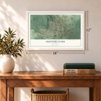 Hunters Park, Minnesota map, 12 x 18 inch print in a white frame in an entryway