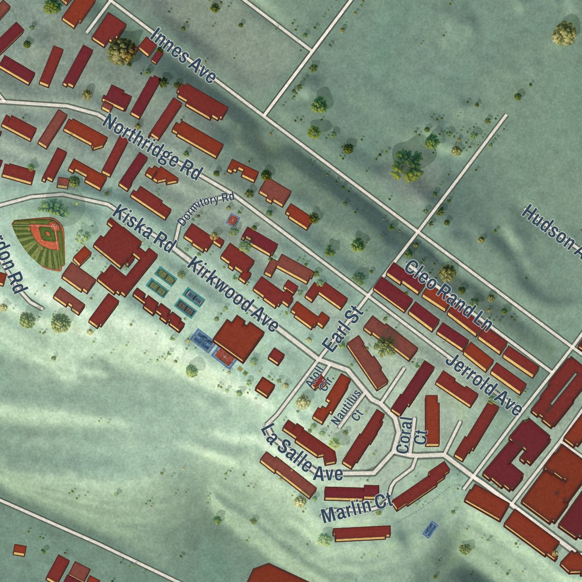 Second close-up of the map of Hunters Point, California print showing more streets and buildings