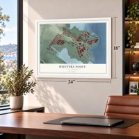 Hunters Point, California map, 18 x 24 inch print in a white frame in a home office