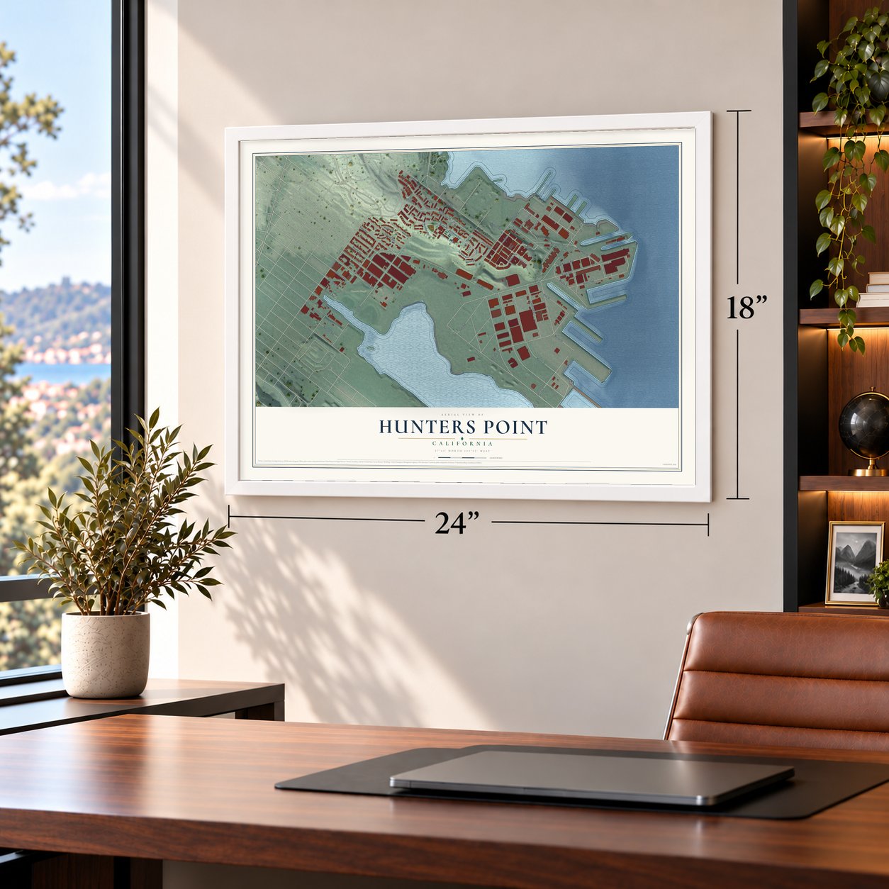 Hunters Point, California map, 18 x 24 inch print in a white frame in a home office