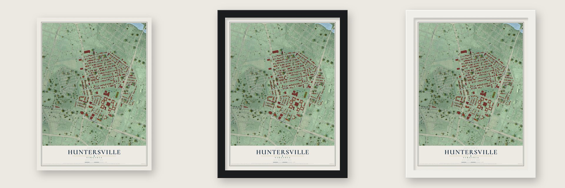 Huntersville, Virginia map unframed, in a black wood frame and in a white wood frame