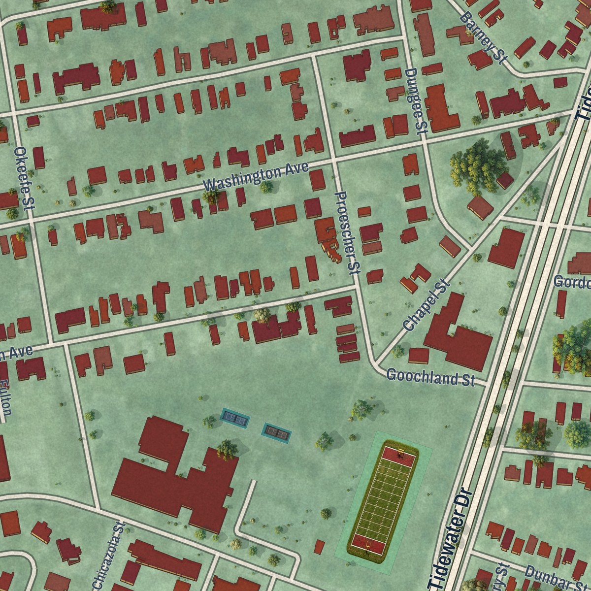 Second close-up of the map of Huntersville, Virginia print showing more streets and buildings