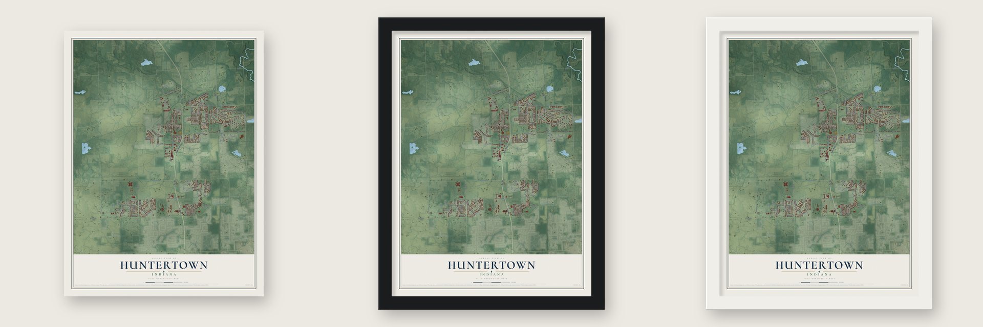 Huntertown, Indiana map unframed, in a black wood frame and in a white wood frame