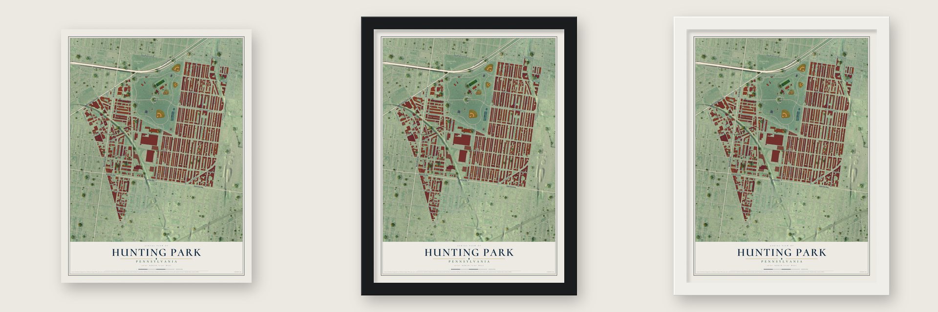 Hunting Park, Pennsylvania map unframed, in a black wood frame and in a white wood frame