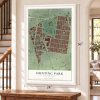 Hunting Park, Pennsylvania map, 24 x 36 inch print in a white frame by a staircase