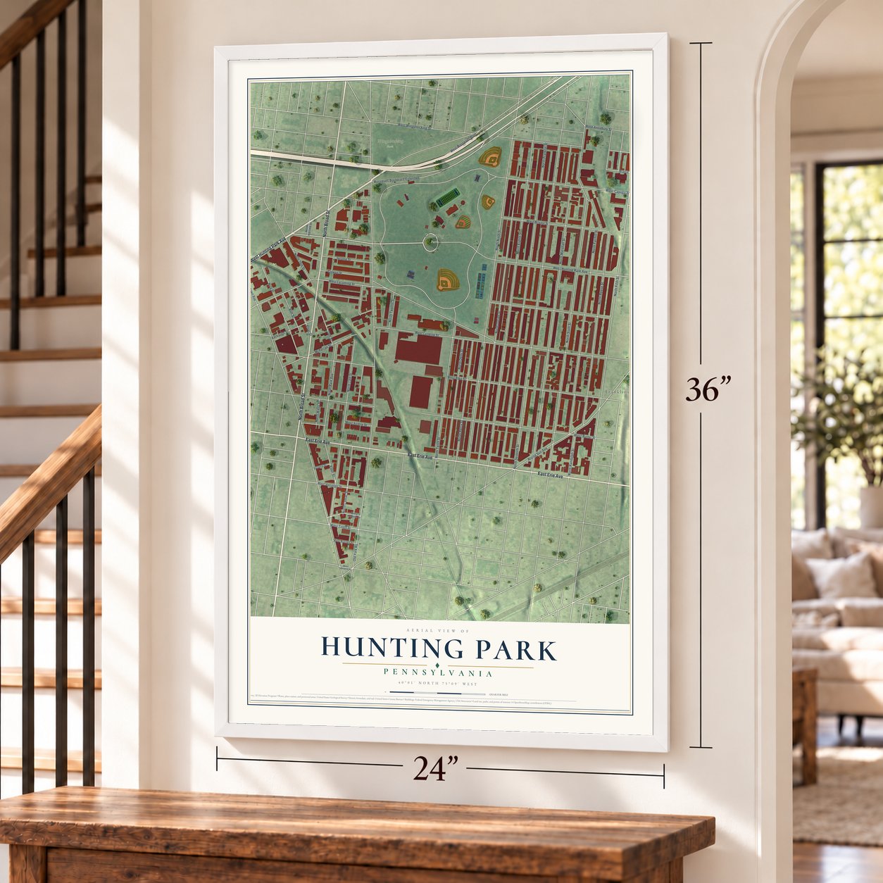Hunting Park, Pennsylvania map, 24 x 36 inch print in a white frame by a staircase