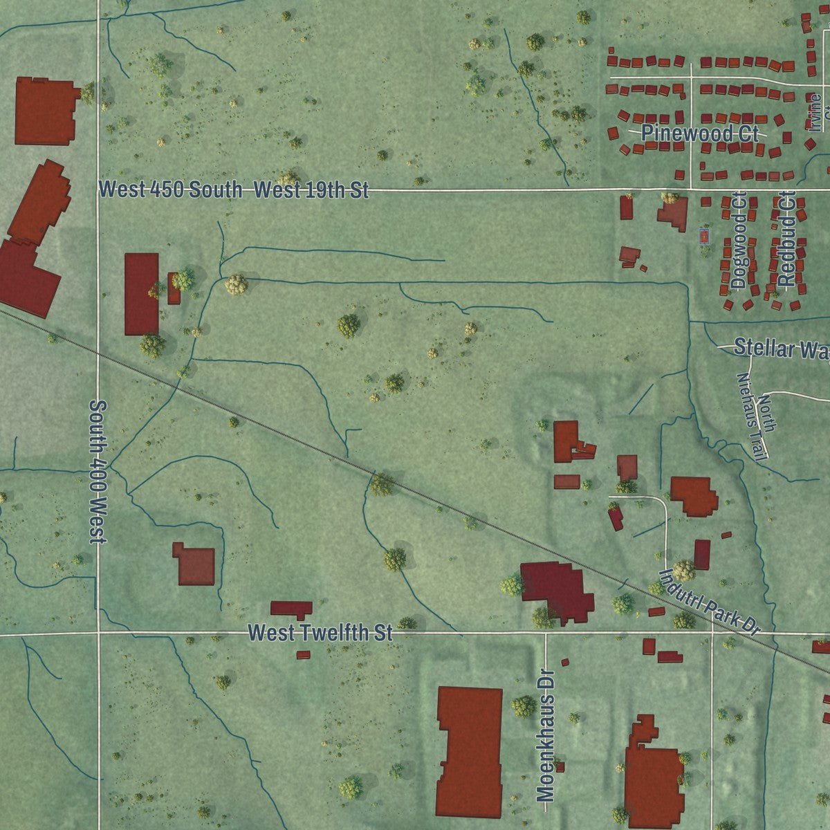 Second close-up of the map of Huntingburg, Indiana print showing more streets and buildings