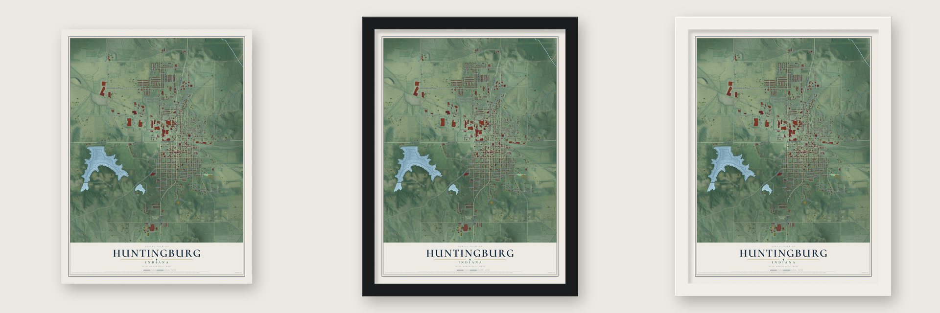Huntingburg, Indiana map unframed, in a black wood frame and in a white wood frame