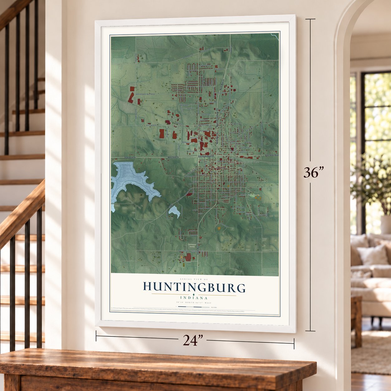 Huntingburg, Indiana map, 24 x 36 inch print in a white frame by a staircase