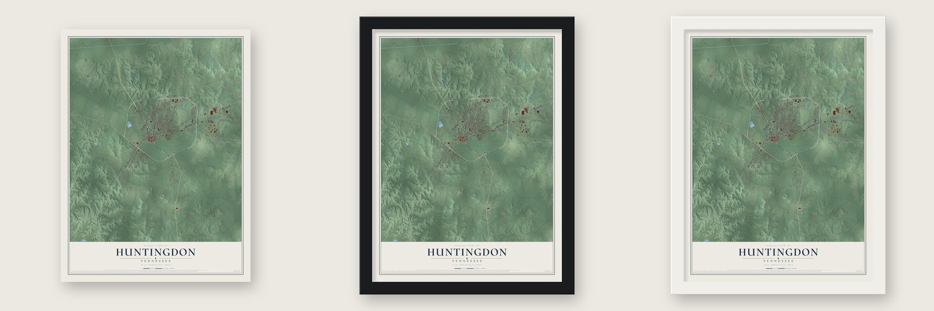 Huntingdon, Tennessee map unframed, in a black wood frame and in a white wood frame