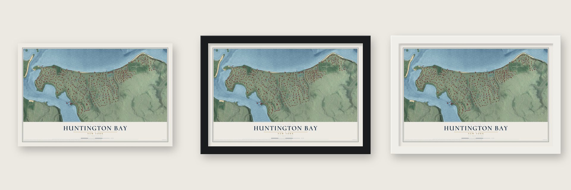 Huntington Bay, New York map unframed, in a black wood frame and in a white wood frame
