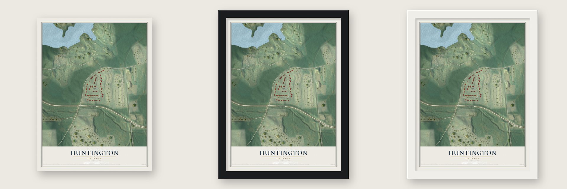 Huntington, Georgia map unframed, in a black wood frame and in a white wood frame