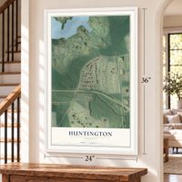 Huntington, Georgia map, 24 x 36 inch print in a white frame by a staircase