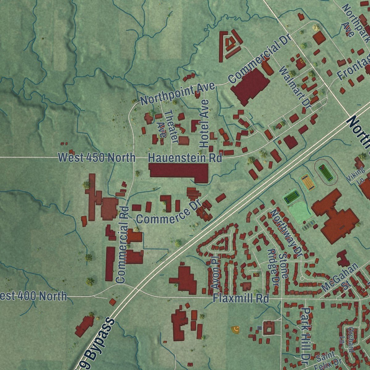 Second close-up of the map of Huntington, Indiana print showing more streets and buildings