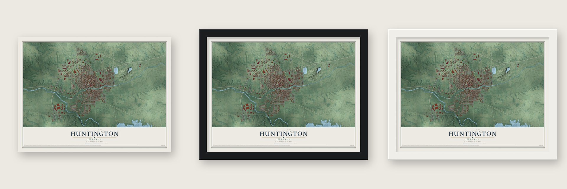 Huntington, Indiana map unframed, in a black wood frame and in a white wood frame