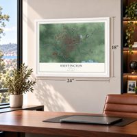 Huntington, Indiana map, 18 x 24 inch print in a white frame in a home office