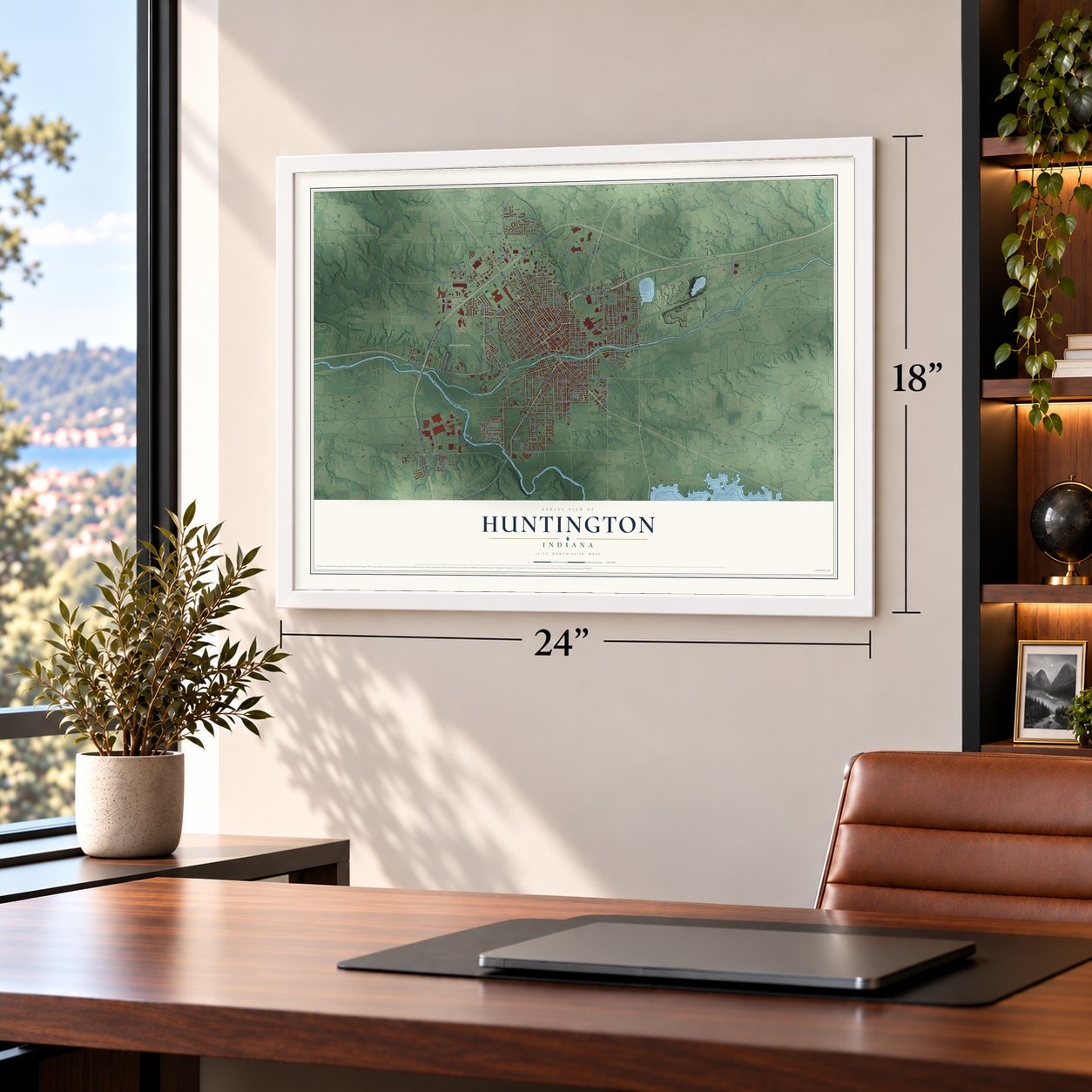 Huntington, Indiana map, 18 x 24 inch print in a white frame in a home office