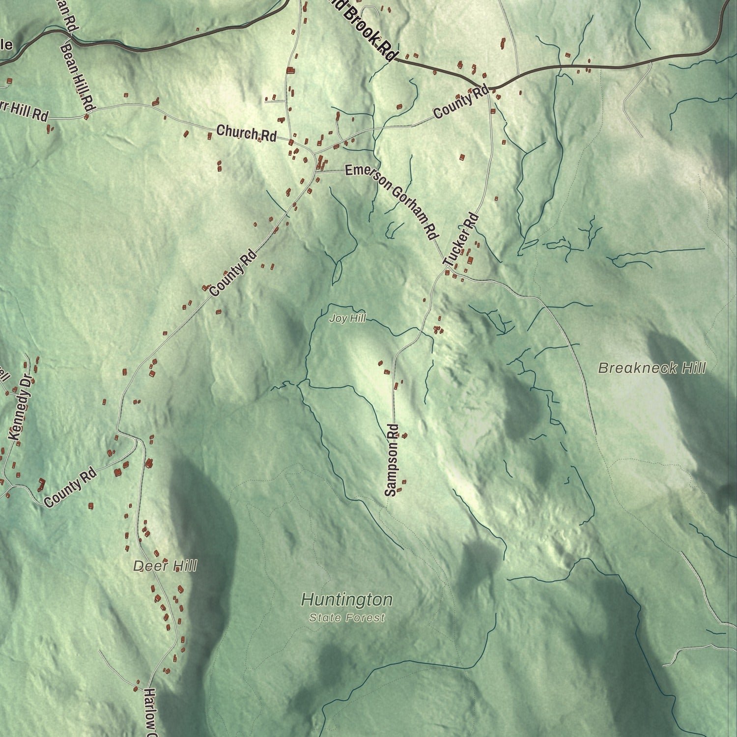 Close-up of the map of Huntington, Massachusetts print showing terrain and local geography